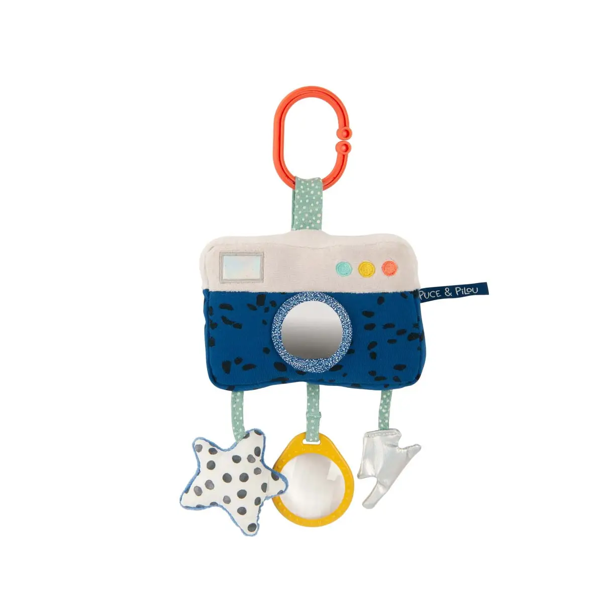 Zawieszka interaktywna w kształcie aparatu z materiału z elementami do zabawy dla niemowlaka. Moulin Roty Zawieszka interaktywna APARAT 29cm