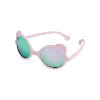 Różowe dziecięce okulary przeciwsłoneczne z okrągłymi zielonymi szkłami dla niemowląt. Ki ET LA Okulary przeciwsłoneczne OURSON 0-1 Light Pink