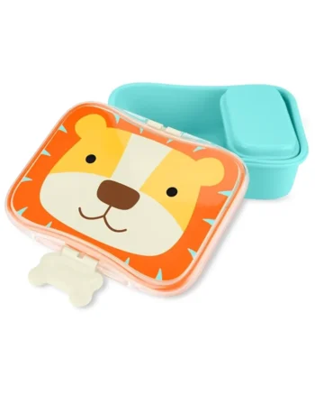 Niebieska śniadaniówka dla dziecka z pokrywką z wizerunkiem lwa w pomarańczowej ramce. Skip Hop Lunchbox dla Dziecka Lew ZOO