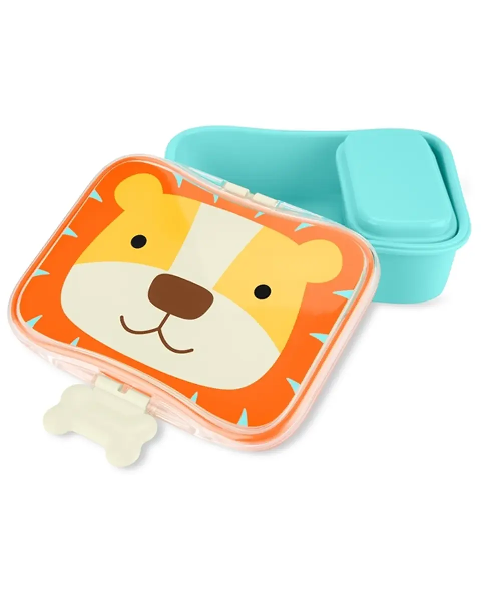 Niebieska śniadaniówka dla dziecka z pokrywką z wizerunkiem lwa w pomarańczowej ramce. Skip Hop Lunchbox dla Dziecka Lew ZOO