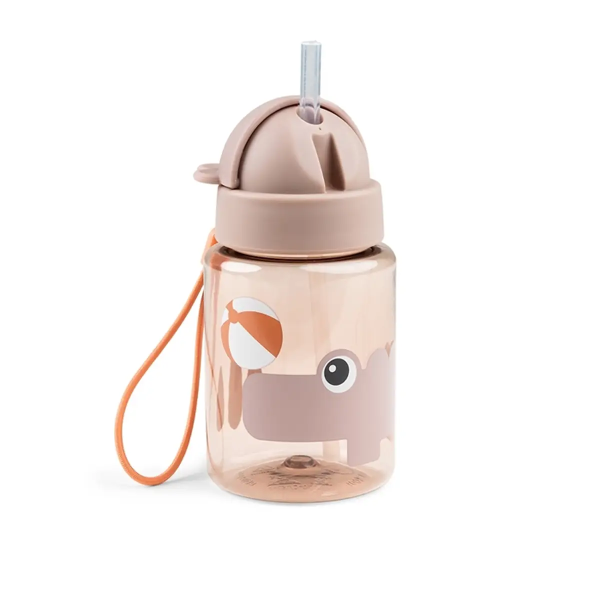 Bidon dla dziecka przezroczysty z różowym zamknięciem i słomką z nadrukiem zwierzątka i piłki dla niemowlaka. Done by Deer Bidon dla Dziecka 280ml Playground Powder