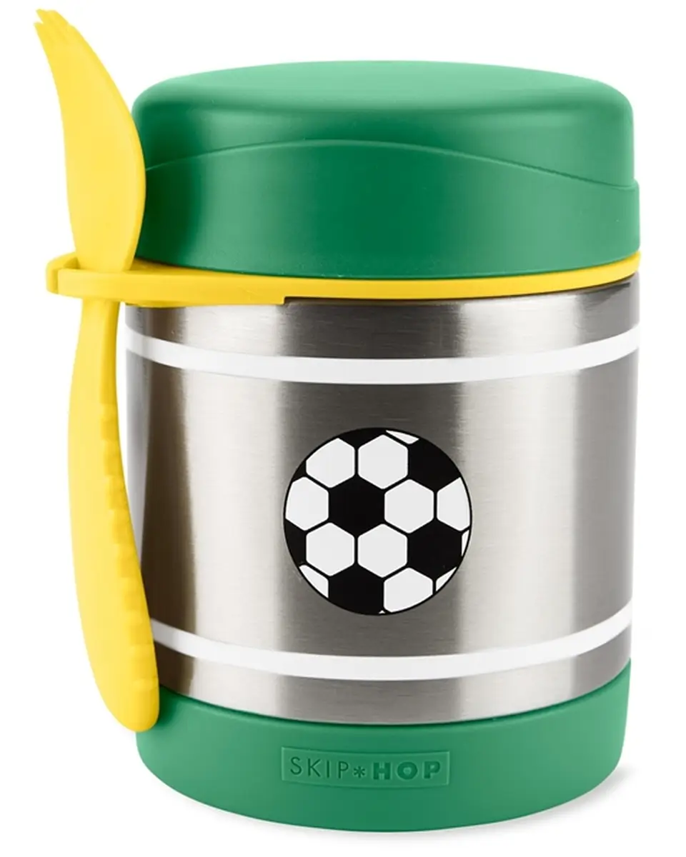Termos dla dziecka zielony ze stali nierdzewnej z motywem piłki nożnej i żółtą łyżką. Skip Hop Termos dla Dziecka Piłka Nożna 325ml Spark Style