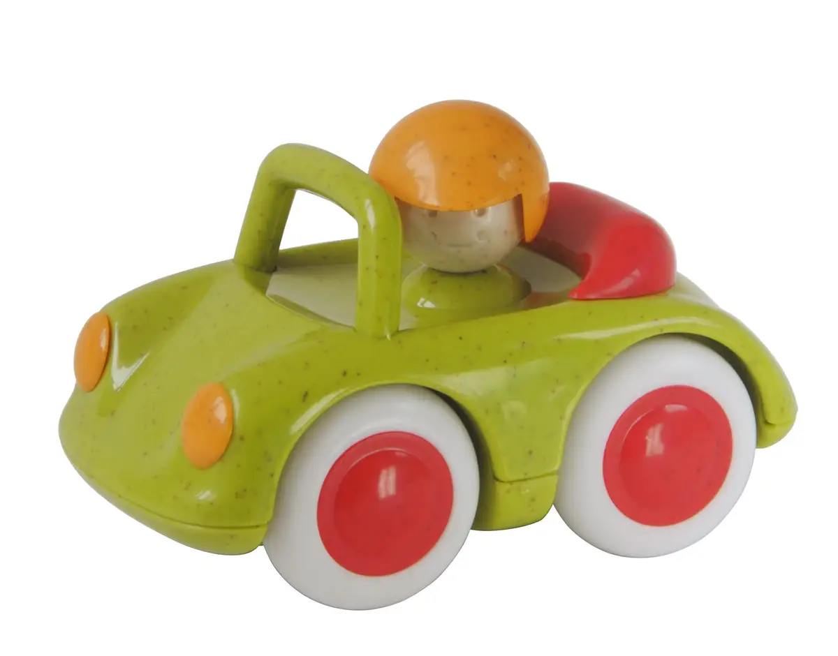Zielone auto sportowe z pomarańczowym kierowcą dla niemowląt i małych dzieci. Tolo Bio Baby auto sportowe 6m+