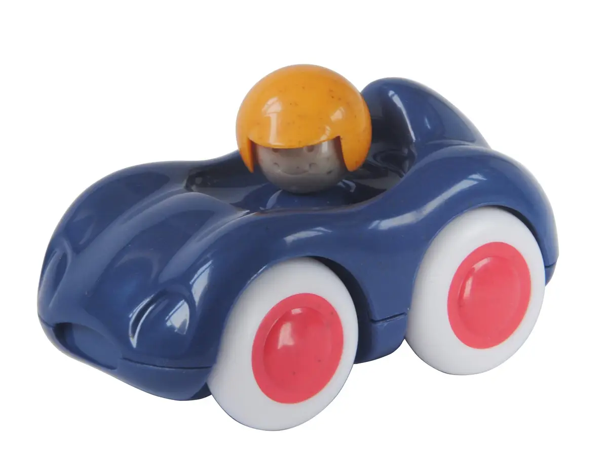 Niebieski drewniany samochód zabawka z pomarańczowym kierowcą dla dziecka powyżej 6 miesięcy. Tolo Bio Baby auto cabrio 6m+