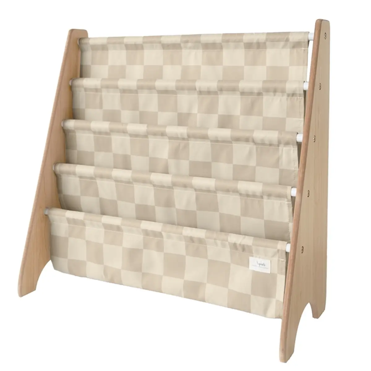 Stojak na książki dla dzieci beżowy w kratę z drewnianymi bokami. 3 Sprouts Stojak na Książki Recycled Checkerboard Beige