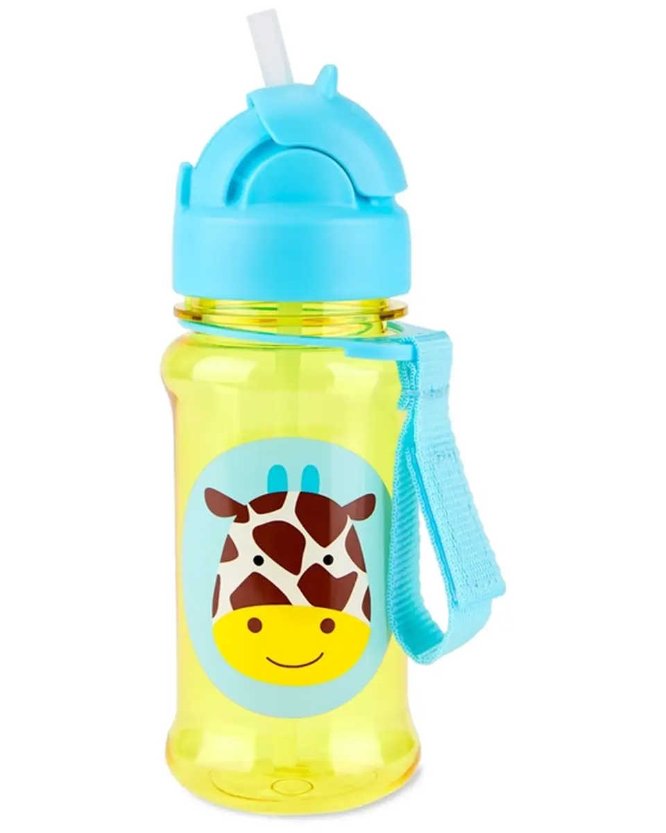 Żółty bidon dla dziecka z niebieską zakrętką i nadrukiem żyrafy z niebieskim paskiem do noszenia. Skip Hop Bidon dla Dziecka Tritanowy Żyrafa 355ml ZOO Tritan™ Re