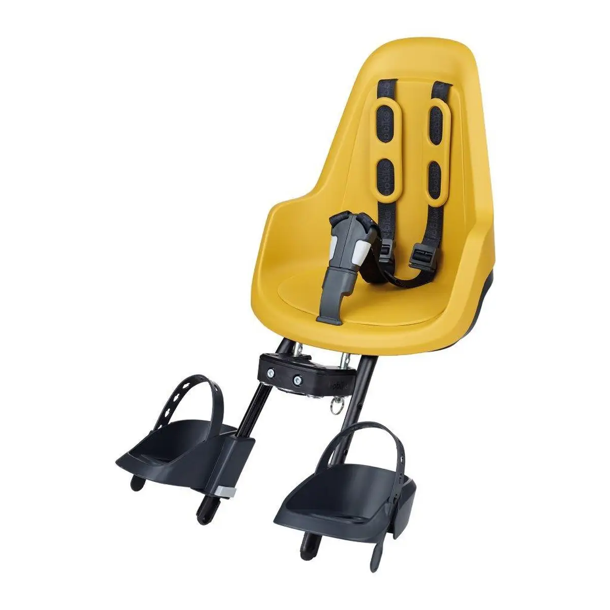 Żółty fotelik rowerowy dla dziecka z czarnymi podnóżkami i pasami bezpieczeństwa. Bobike One Fotelik row. mini NEW Mighty Mustard