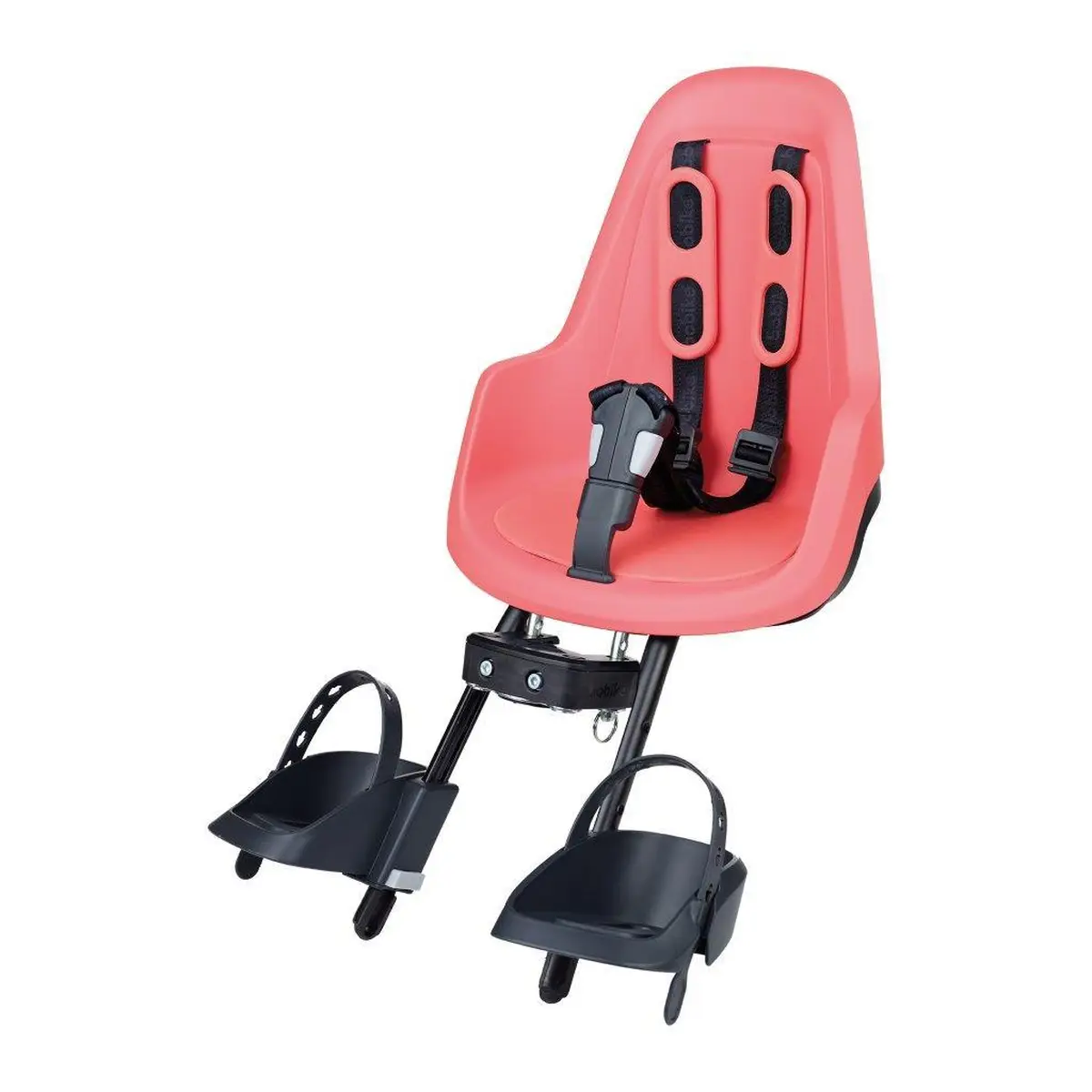 Czerwony fotelik rowerowy dla dziecka z czarnymi podnóżkami i pasami bezpieczeństwa. Bobike One Fotelik row. mini NEW Fierce Flamingo