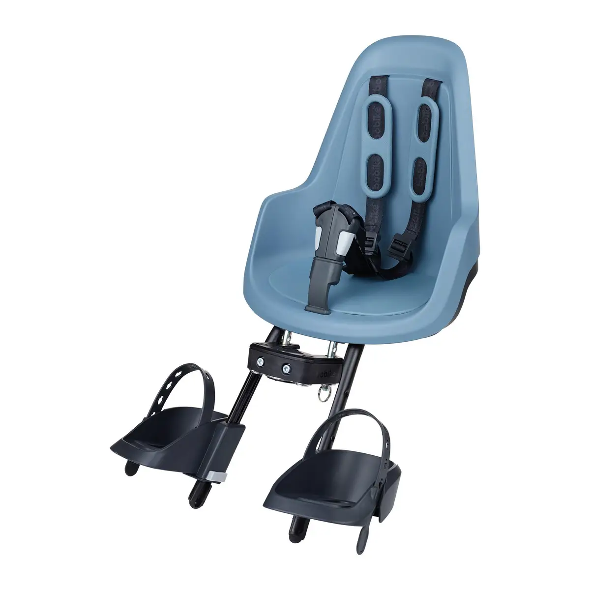 Niebieski fotelik rowerowy dla dziecka z pasami bezpieczeństwa i podnóżkami. Bobike One Fotelik row. mini NEW Citadel Blue