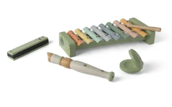 Drewniany zestaw instrumentów muzycznych dla dzieci ksylofon flet harmonijka kastaniety w pastelowych kolorach. Dantoy Drewniany zestaw instrumenty muzyczne