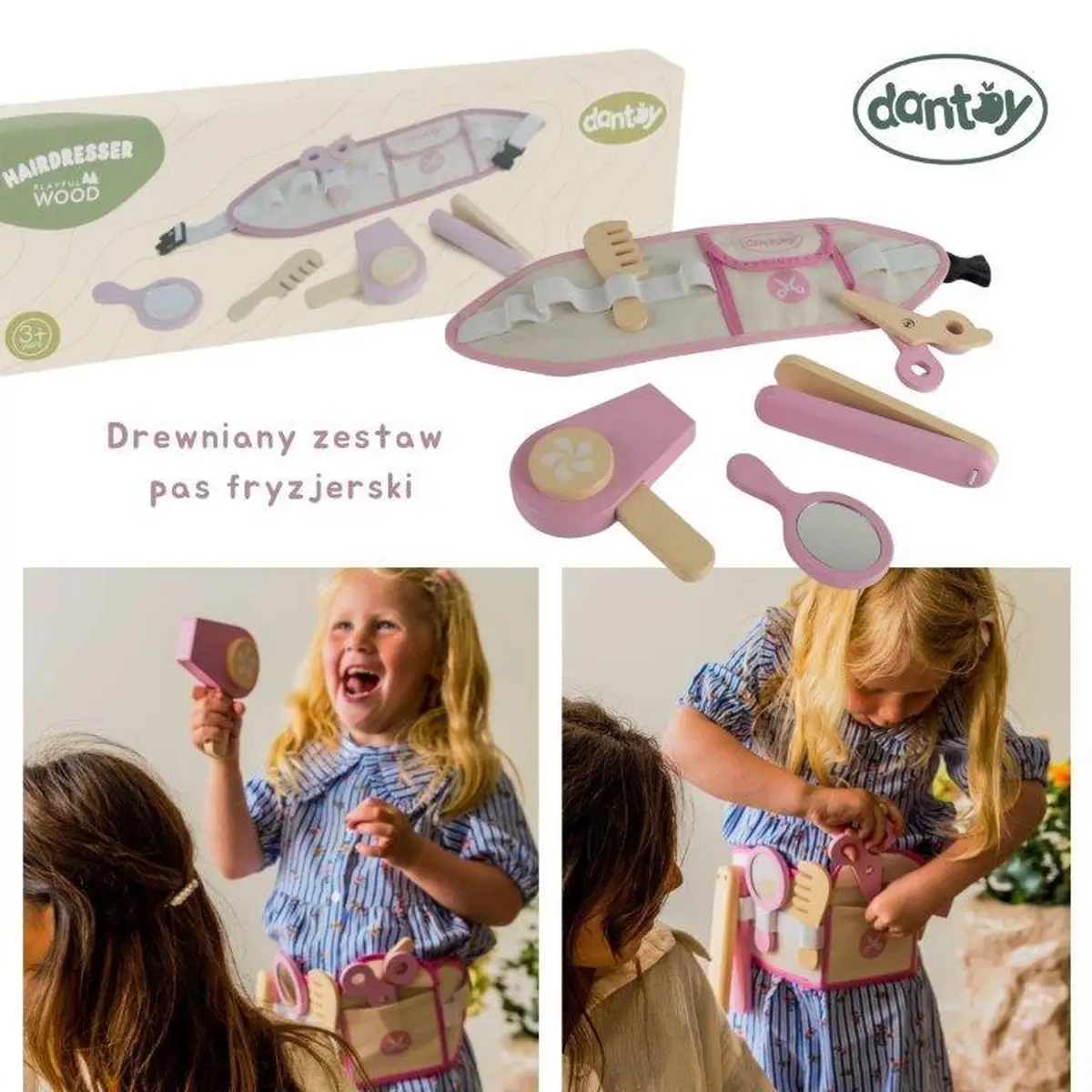 Drewniany różowo-beżowy zestaw pas fryzjerski z lusterkiem nożyczkami suszarką grzebieniem dla dziecka. Dantoy Drewniany zestaw pas fryzjerski