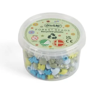 Plastikowe koraliki do nawlekania w kolorach niebieskim zielonym i żółtym w przezroczystym pojemniku dla dzieci. Dantoy Koraliki do nawlekania EKO 280 szt forest