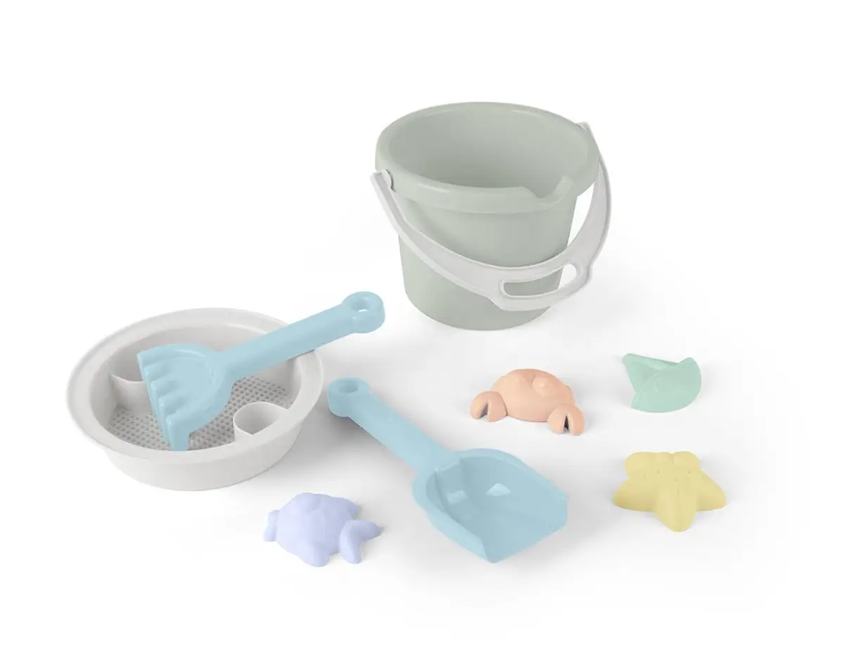 Zestaw do piasku dla dziecka wiaderko łopatka grabki foremki w pastelowych kolorach. Dantoy Zestaw do piasku 8 elem. pastel blue mint