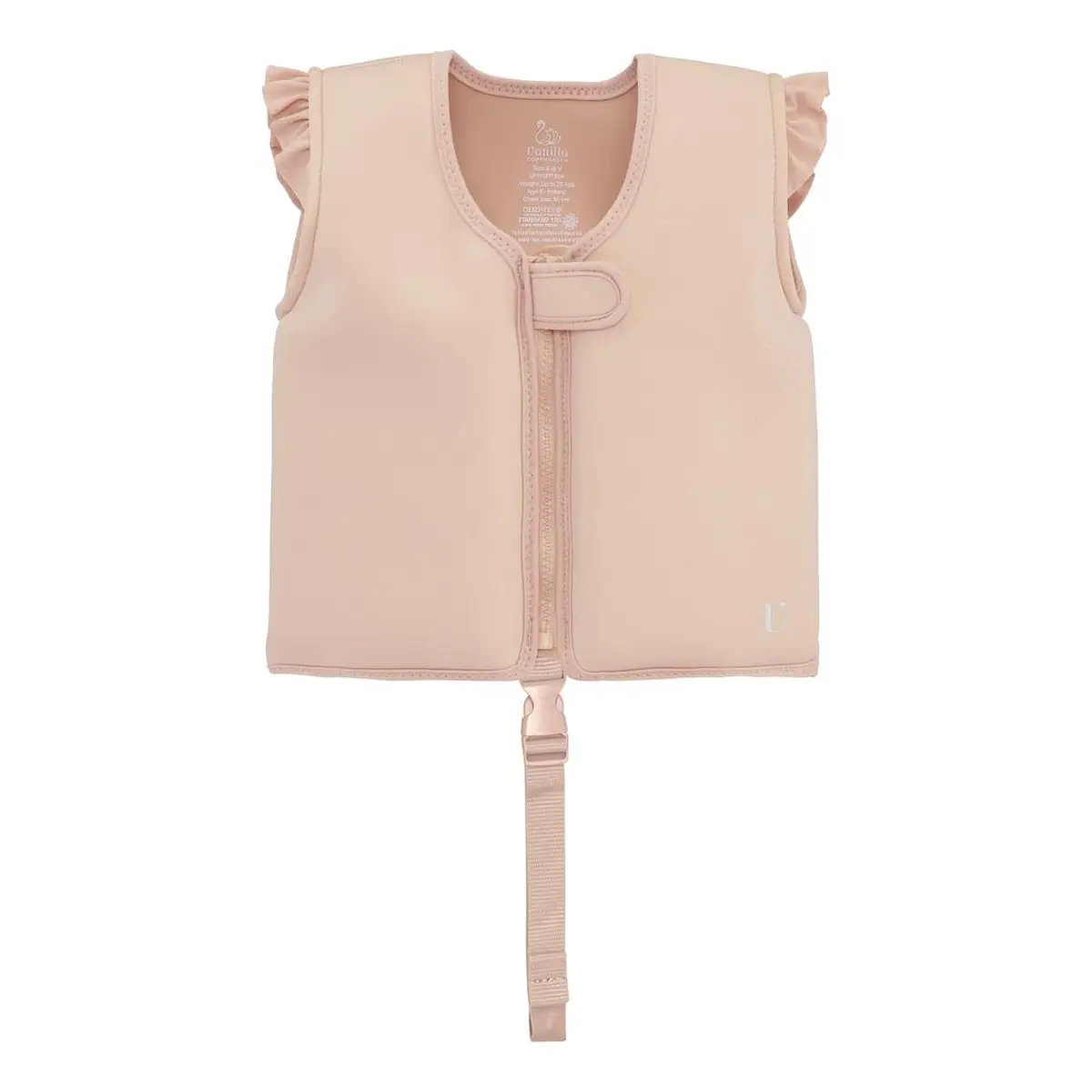 Beżowa kamizelka do pływania dla dziecka z falbankami na ramionach i paskiem pod brzuchem. Vanilla Copenhagen Kamizelka do pływania Neo English Rose 1-3L 11-20k
