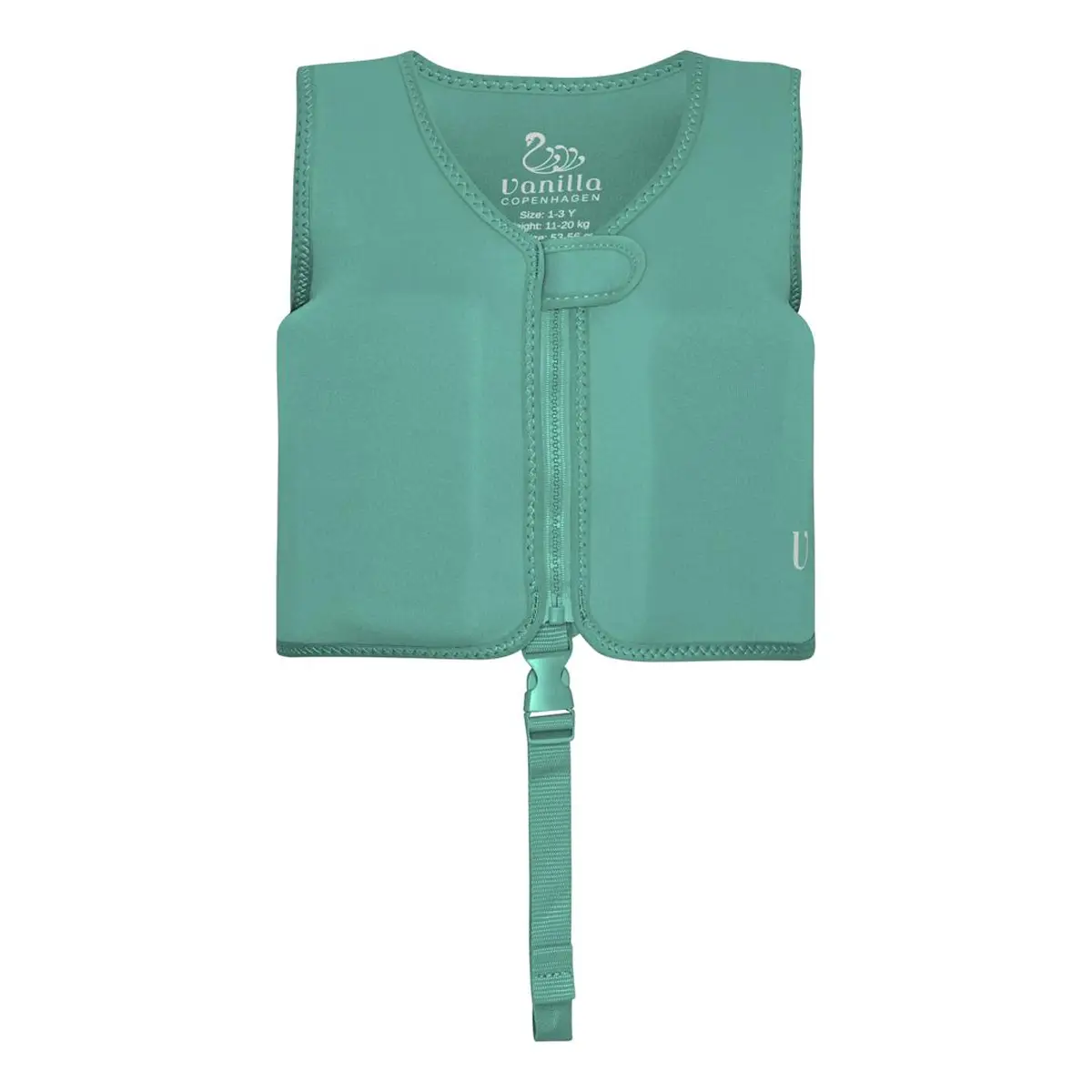 Zielona kamizelka do pływania dla dziecka z zapięciem na zamek i pasek pod brzuchem. Vanilla Copenhagen Kamizelka do pływania Neo Aqua Sea 1-3L 11-20kg