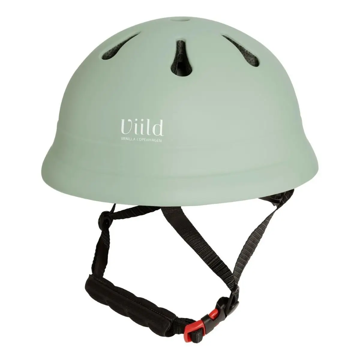 Dziecięcy kask ochronny miętowy z czarnym paskiem regulacyjnym i czerwonym zapięciem XS 48-52 cm. Vanilla Copenhagen Kask ochronny dla dzieci MINT Pale Jade XS 48-52cm