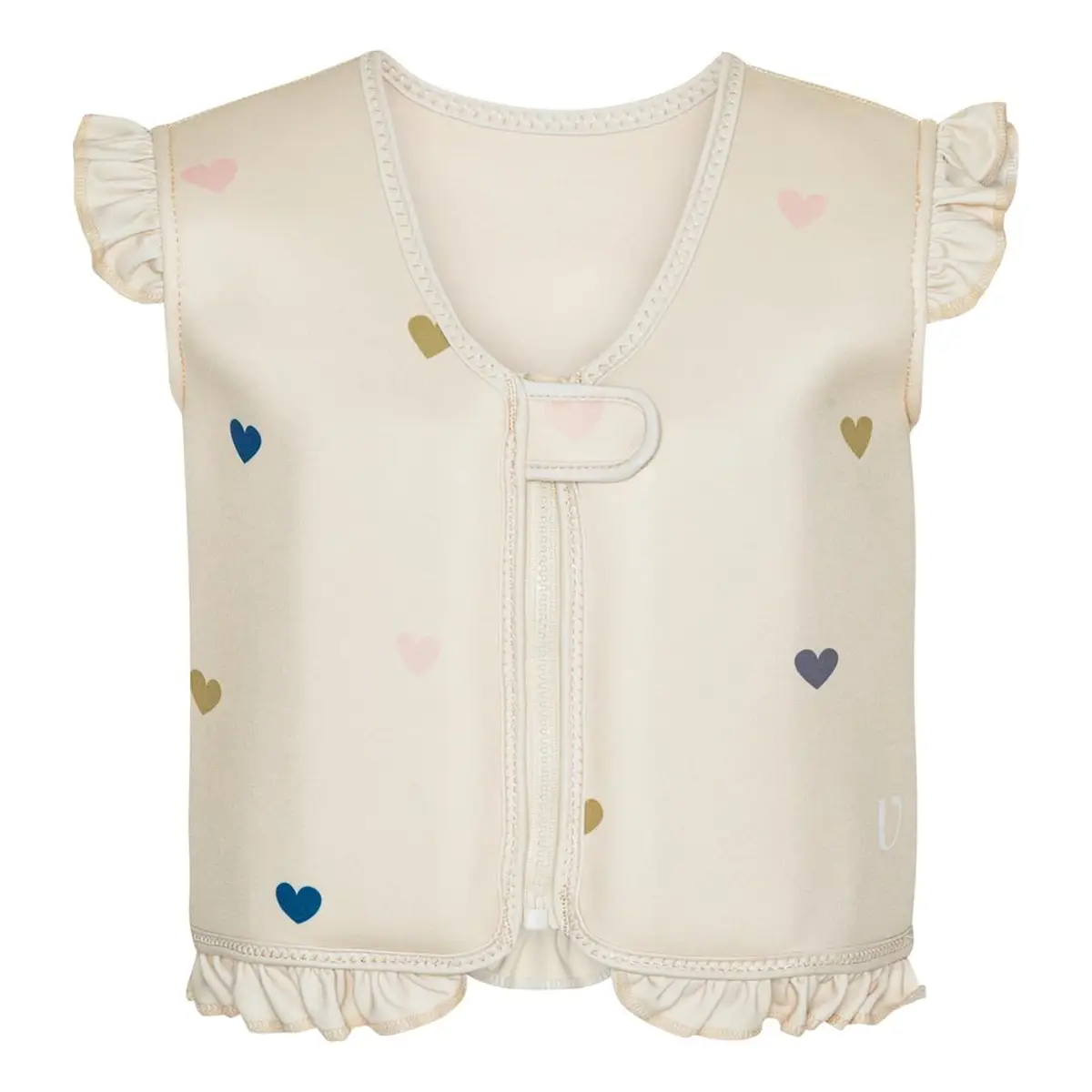 Kremowa kamizelka do pływania z falbankami i wzorem kolorowych serc dla dziecka 3-6 lat. Vanilla Copenhagen Kamizelka do pływania Neo Frill Milk Hearts 3-6L