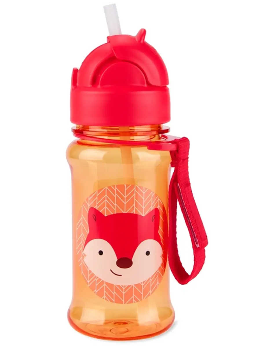 Pomarańczowy bidon dla dziecka z czerwonym wieczkiem i nadrukiem lisa z czerwoną zawieszką na rękę. Skip Hop Bidon dla Dziecka Tritanowy Lis 355ml ZOO Tritan™ Renew