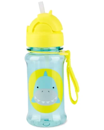 Bidon dla dziecka niebieski z żółtą nakrętką i nadrukiem rekina z uchwytem na rękę. Skip Hop Bidon dla Dziecka Tritanowy Rekin 355ml ZOO Tritan™ Ren
