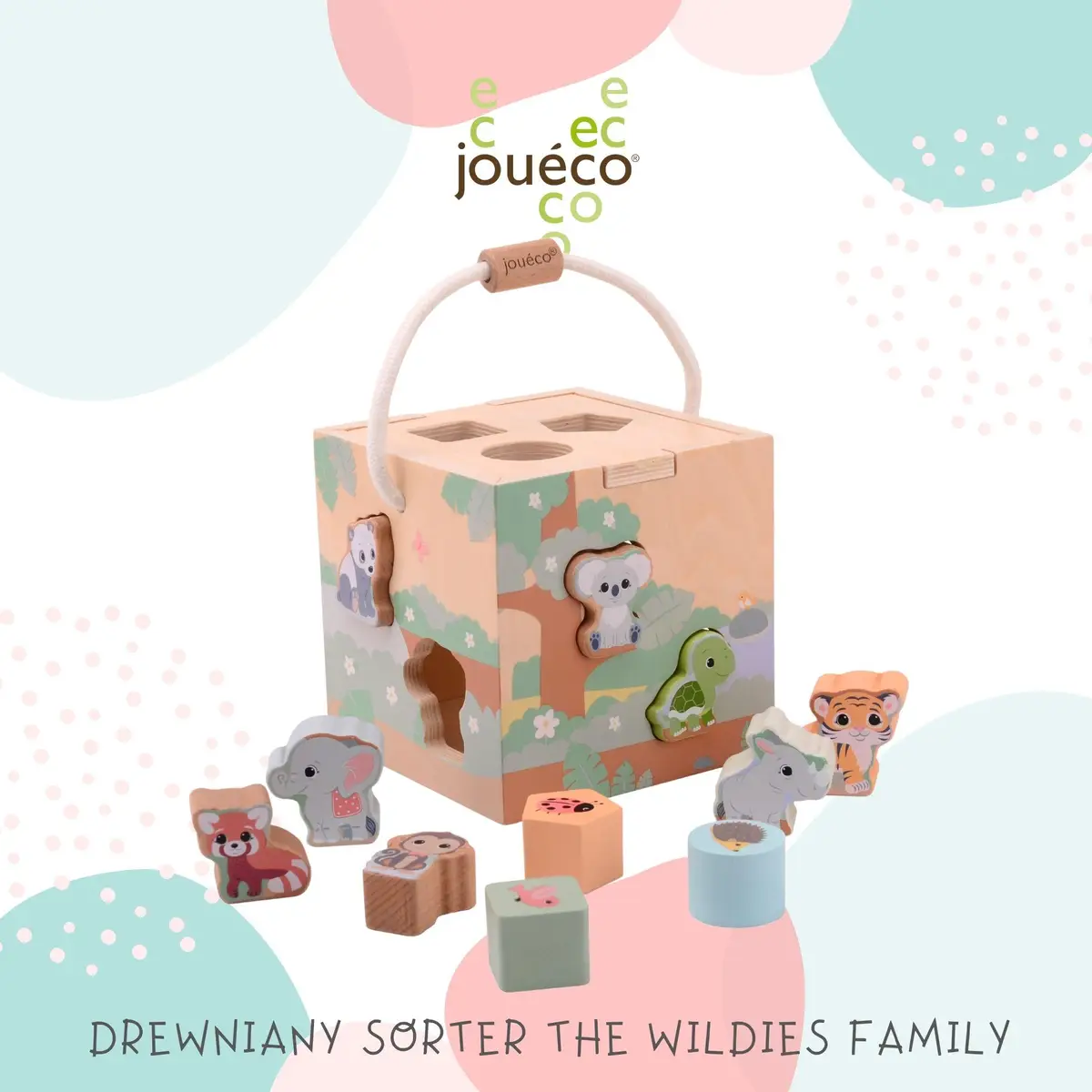 Drewniany sorter edukacyjny z uchwytem z motywem zwierząt dla dzieci. Joueco Drewniany sorter The Wildies Family