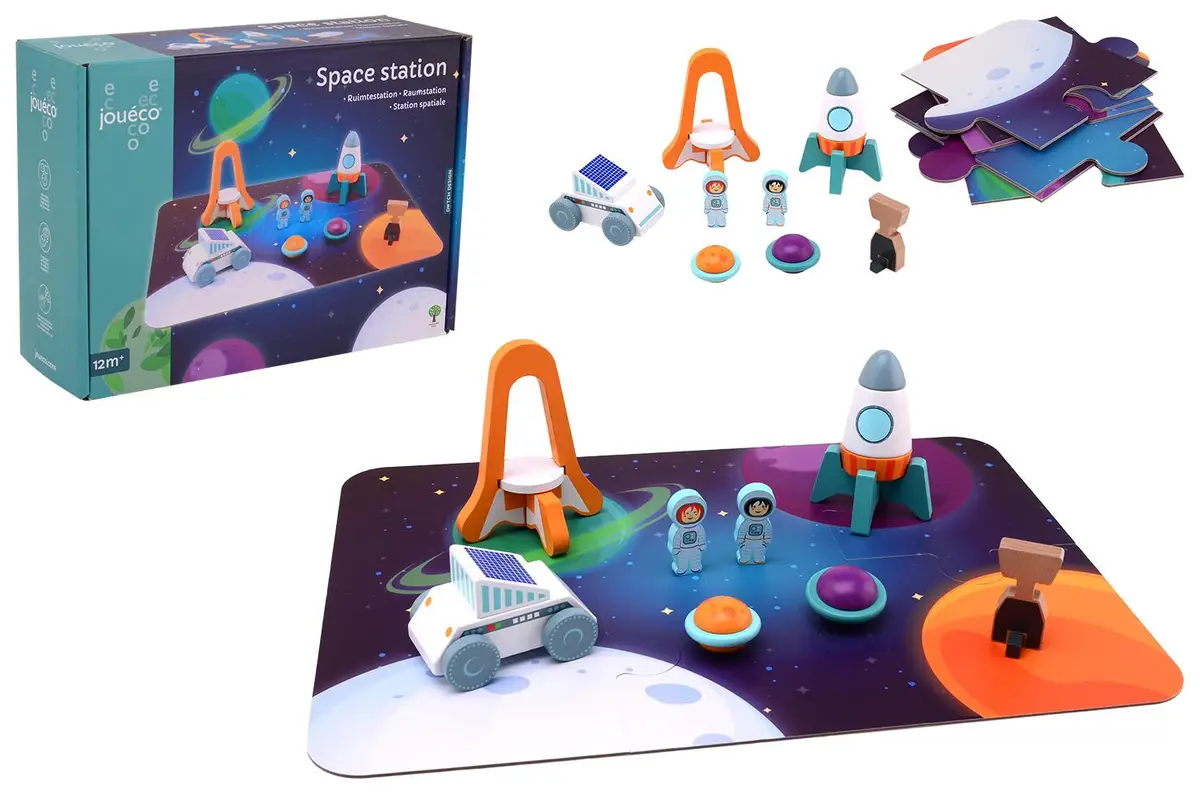 Drewniana stacja kosmiczna z rakietą, pojazdem, astronautami i puzzlami dla dziecka. Joueco Drewniana stacja kosmiczna i puzzle