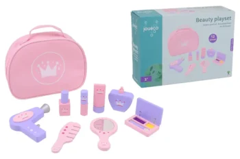 Drewniany zestaw do makijażu i kosmetyczka różowo fioletowa dla dzieci. Joueco Drewniany zestaw Beauty do makijażu i kosmetyczka