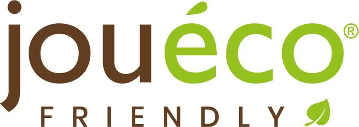 Logo Joueco w kolorze brązowo-zielonym na białym tle. Joueco Drewniana wieża sensoryczna The Wildies Family