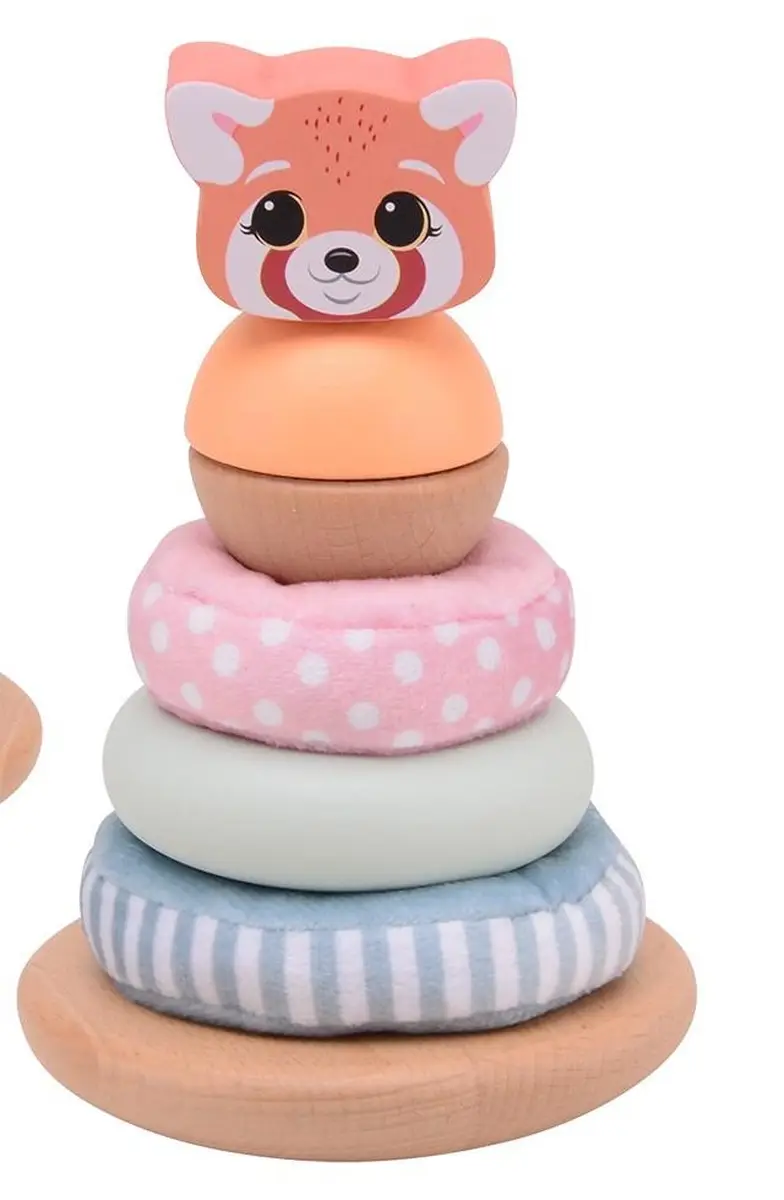 Drewniana piramida sensoryczna z elementami materiałowymi w pastelowych kolorach z głową zwierzątka dla dziecka. Joueco Drewniana wieża sensoryczna The Wildies Family