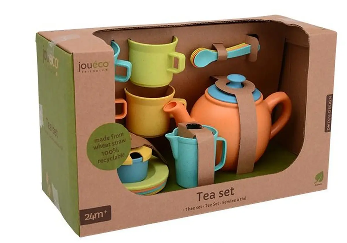Zestaw do herbaty dla dzieci z dzbankiem filiżankami i łyżeczkami w kolorach pomarańczowym zielonym niebieskim i żółtym. Joueco BIO zestaw do herbaty Tea set