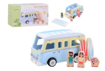 Drewniany niebiesko-żółty camper bus retro z figurkami ludzi i deskami surfingowymi dla dziecka. Joueco Drewniany camper bus w stylu retro