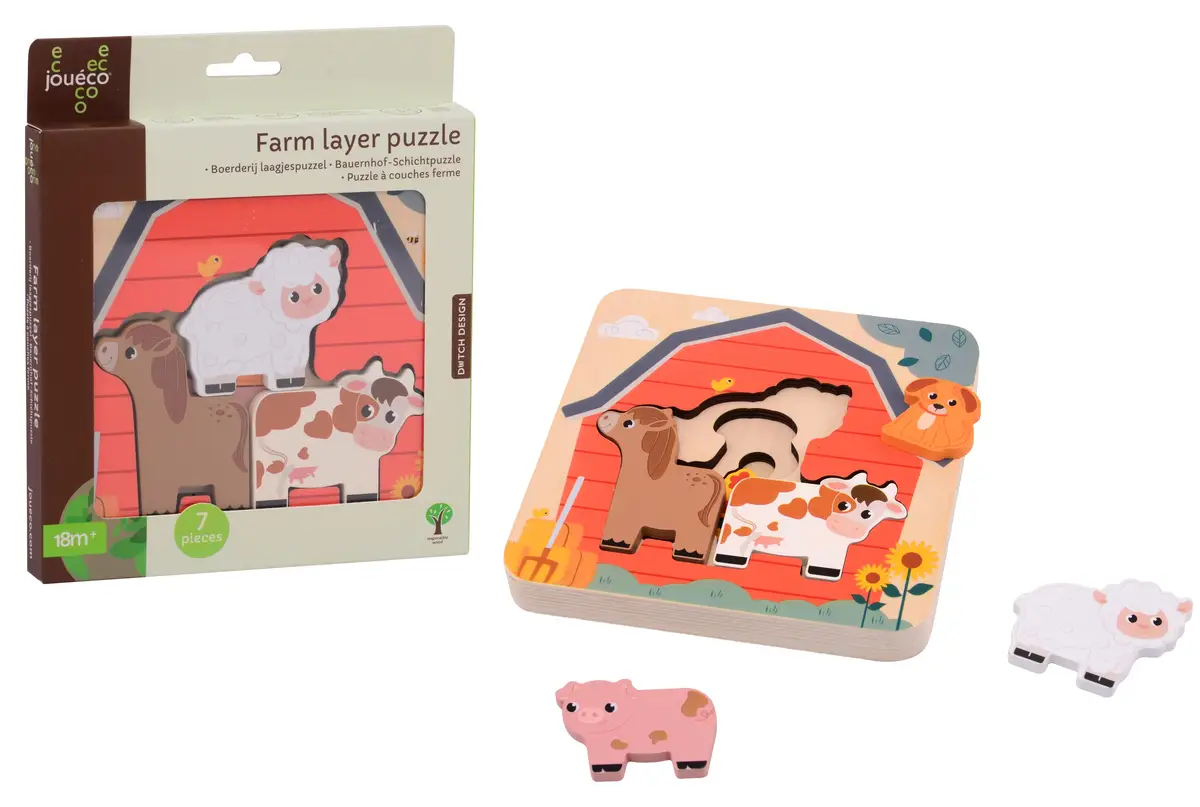 Drewniane warstwowe puzzle farma z kolorowymi zwierzętami dla dzieci. Joueco Drewniane puzzle warstwowe FARMA