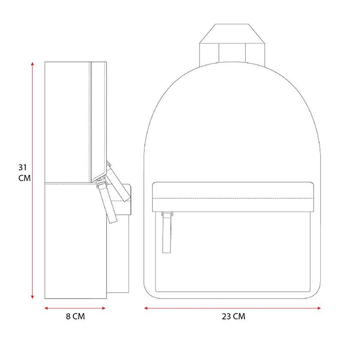 Schemat plecaka dziecięcego w kształcie prostokąta z zaokrąglonym wierzchem z wymiarami wysokość 31 cm szerokość 23 cm głębokość 8 cm. Kidzroom Plecak dla dzieci Paris Growl peach