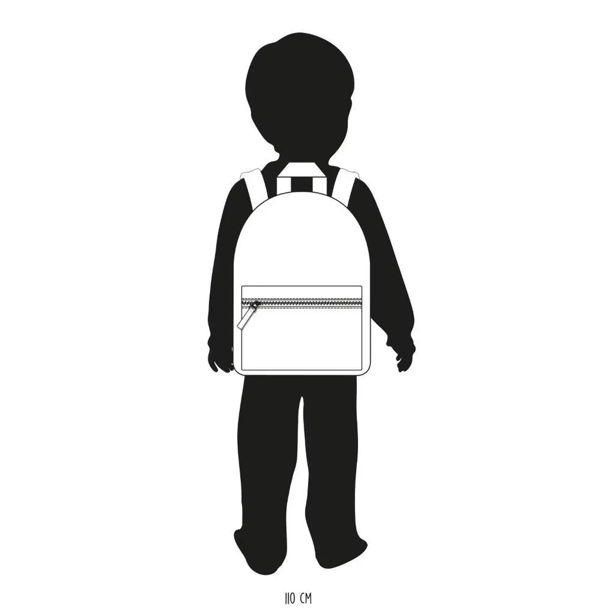 Czarno-biała grafika sylwetki dziecka z plecakiem na plecach z przodu z suwakiem na kieszeni dla dziecka około 110 cm wzrostu. Kidzroom Plecak dla dzieci Paris Growl peach