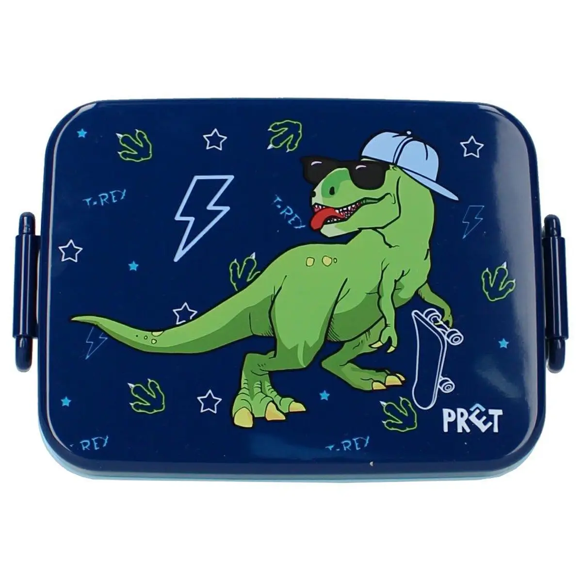 Granatowa śniadaniówka z zielonym dinozaurem T-Rex w czapce i okularach przeciwsłonecznych dla dziecka. Pret Lunch box Dino T-Rex Navy
