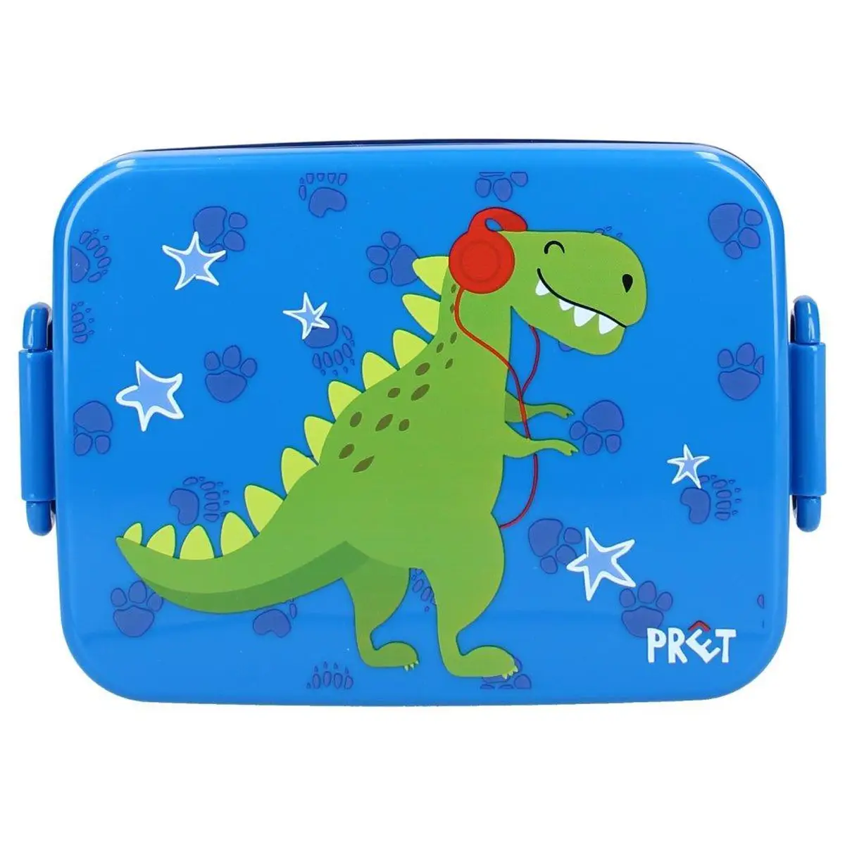 Niebieska śniadaniówka z zielonym dinozaurem w słuchawkach dla dziecka. Pret Lunch box Dragon Navy