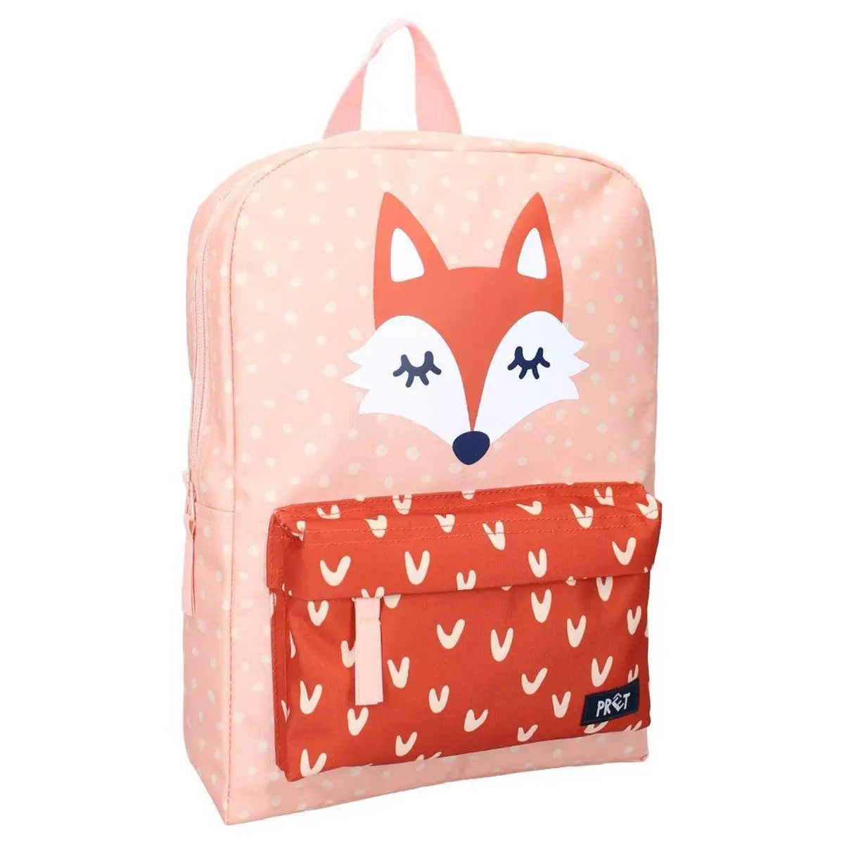 Różowy plecak dziecięcy z nadrukiem twarzy lisa i pomarańczową kieszenią z białym wzorem dla dziecka. Pret Plecak dla dzieci Fox You&Me pink