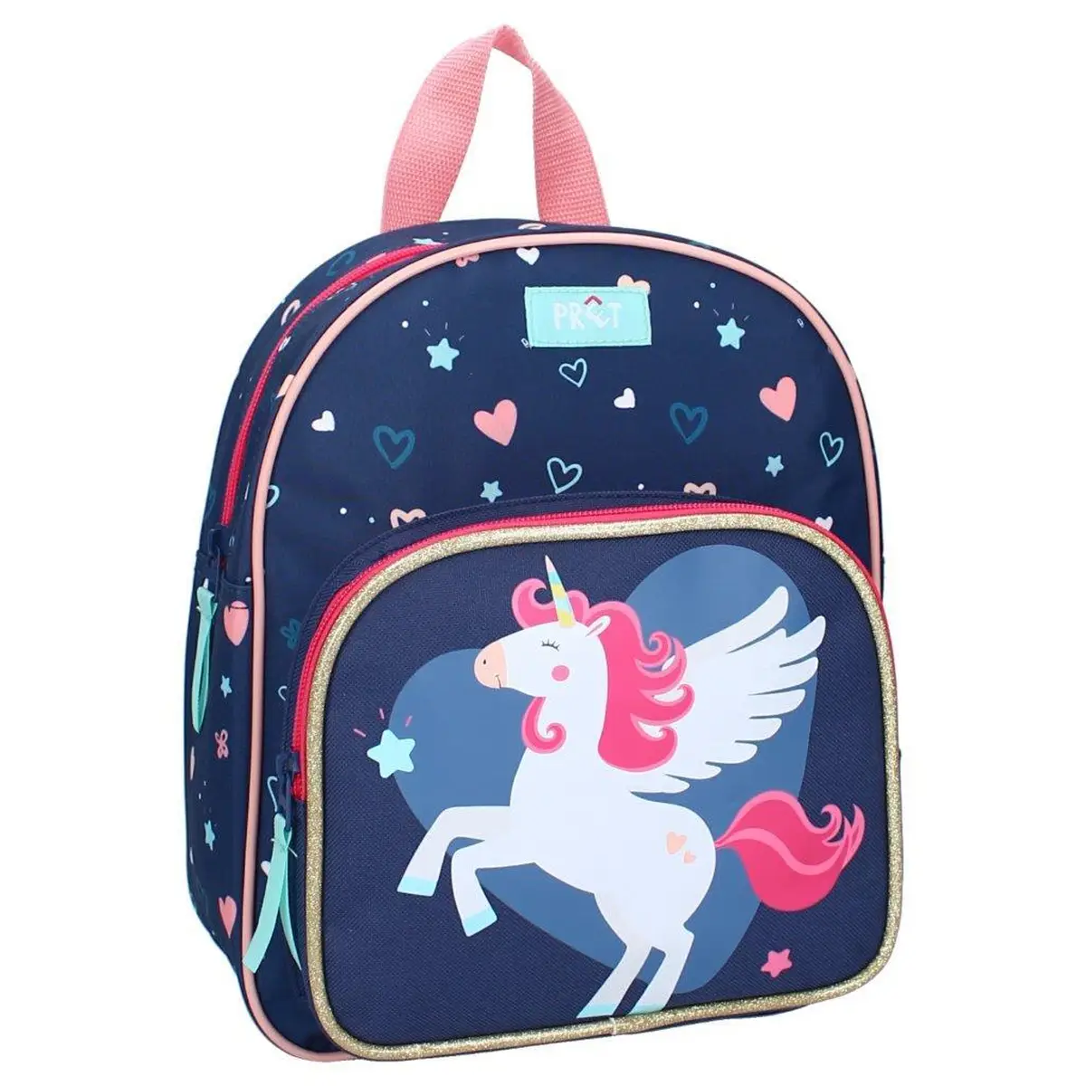 Plecak dziecięcy granatowy z różowymi i niebieskimi sercami oraz jednorożcem z różową grzywą dla dziecka. Pret Plecak dla dzieci Stay Silly Unicorn blue