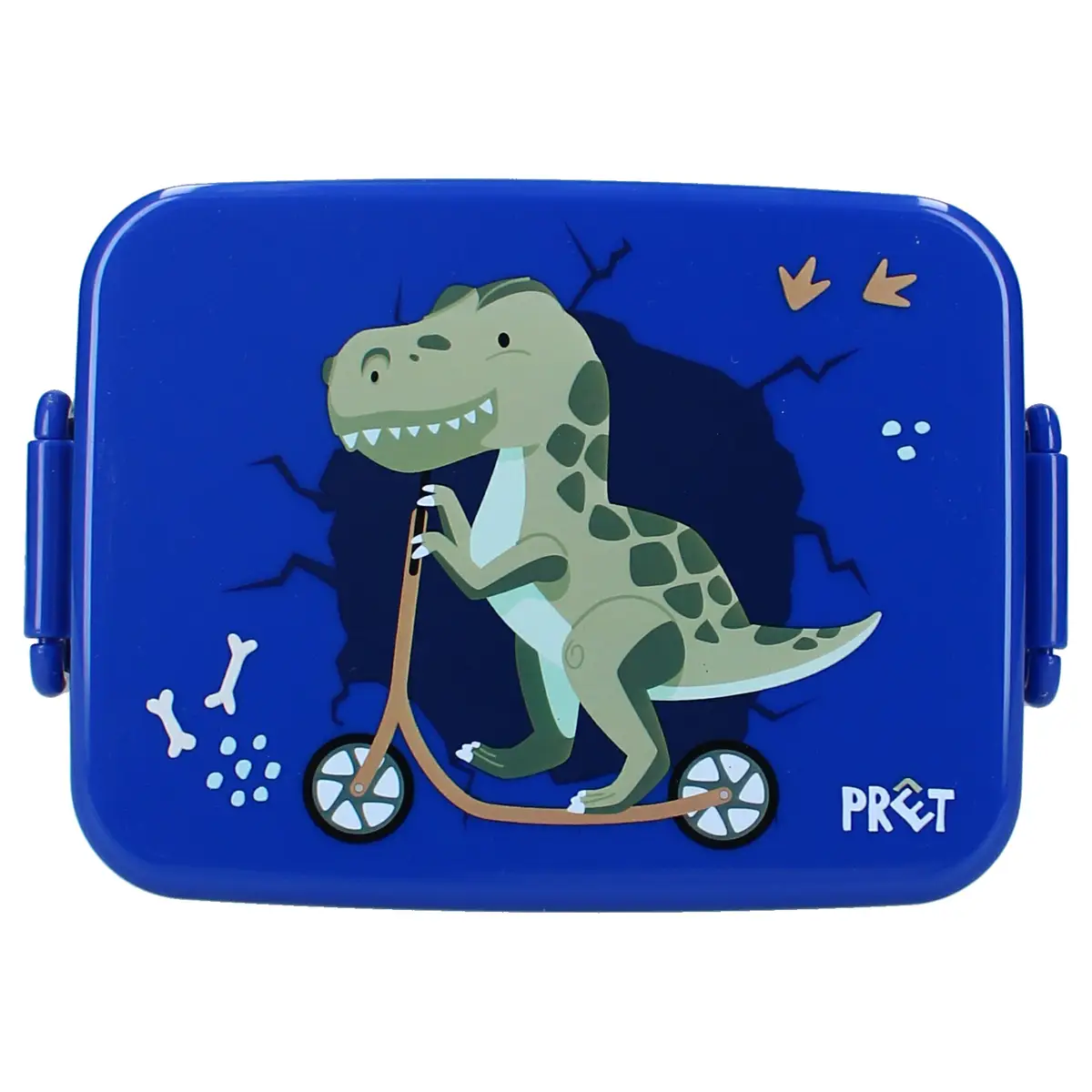 Niebieska śniadaniówka z nadrukiem dinozaura na hulajnodze dla dziecka. Pret Lunch box Dino Navy
