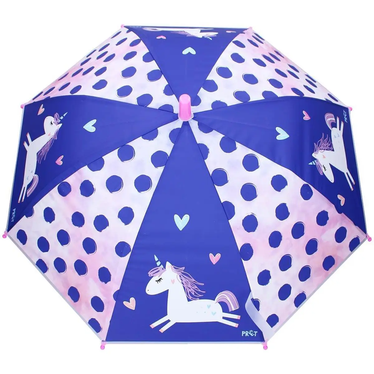 Parasol przeciwdeszczowy dla dziecka niebiesko różowy z motywem jednorożca i kropek. Pret Parasol przeciwdeszczowy Jednorożec blue pink