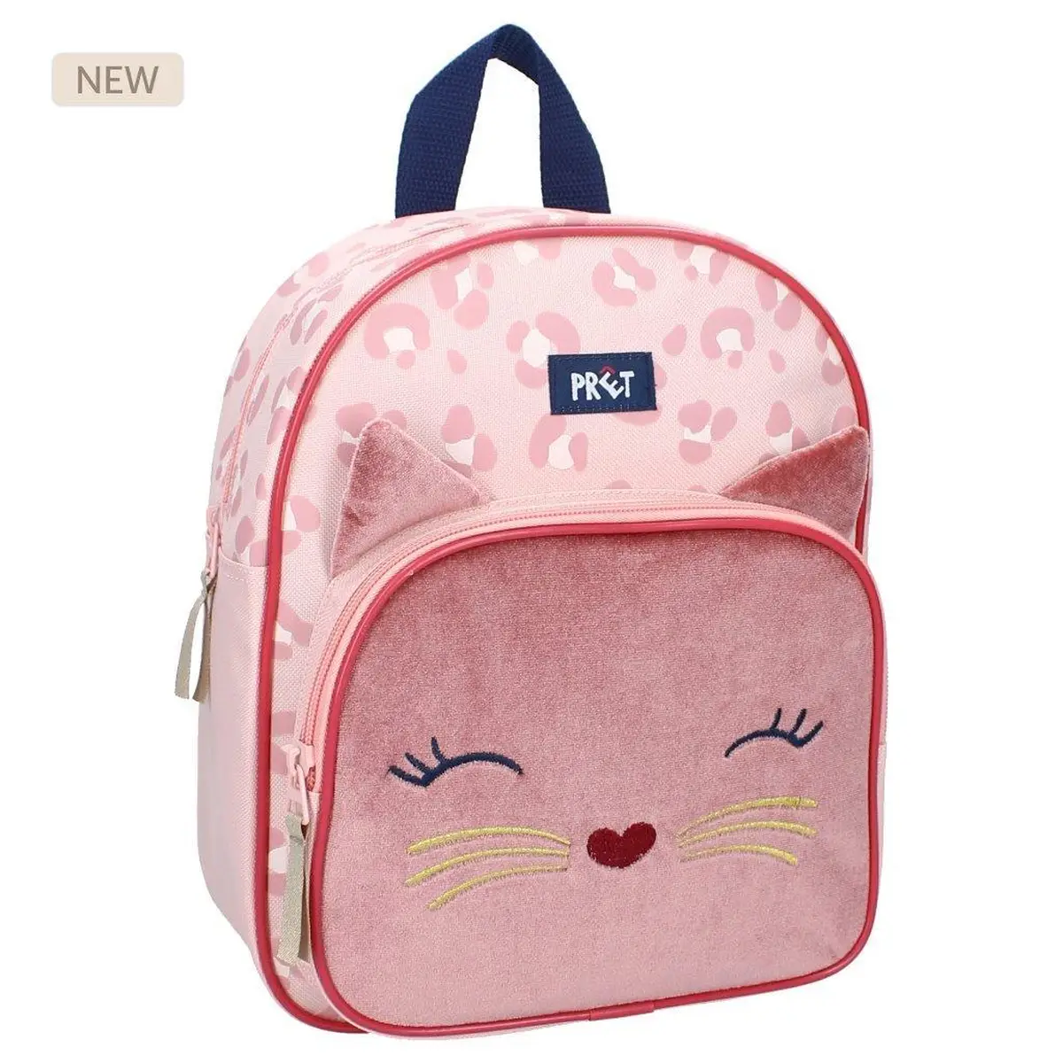 Różowy plecak dziecięcy z motywem kota z weluru z uszami i haftowanym pyszczkiem dla dziecka. Pret Plecak dla dzieci Kotek Giggle velvet pink