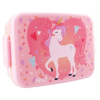 Różowa śniadaniówka lunch box z jednorożcem i wzorem serc dla dziecka. Pret Lunch box Jednorożec serca różowe