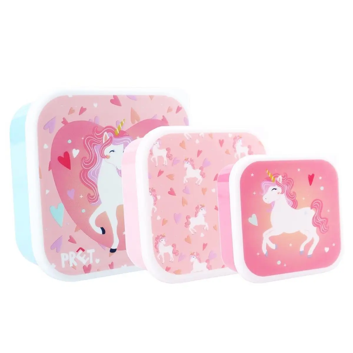 Zestaw trzech różowych śniadaniówek z motywem jednorożca dla dziecka. Pret Snack box śniadaniówka 3w1 Unicorn pink