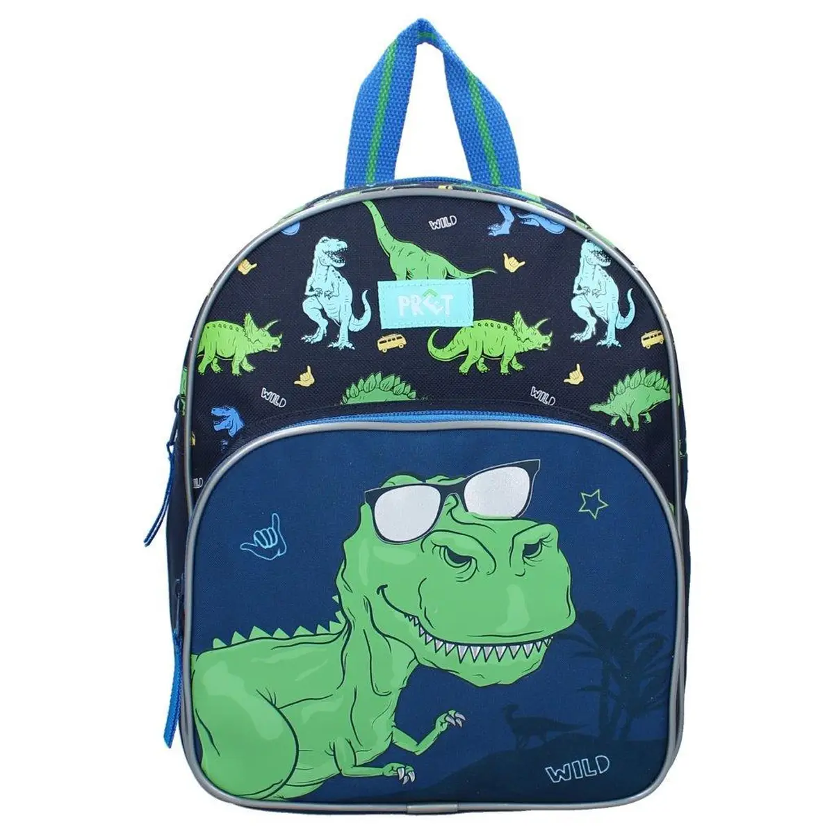 Niebieski plecak dziecięcy z zielonym dinozaurem w okularach przeciwsłonecznych i wzorem dinozaurów dla dziecka. Pret Plecak dla dzieci Happy Dino blue