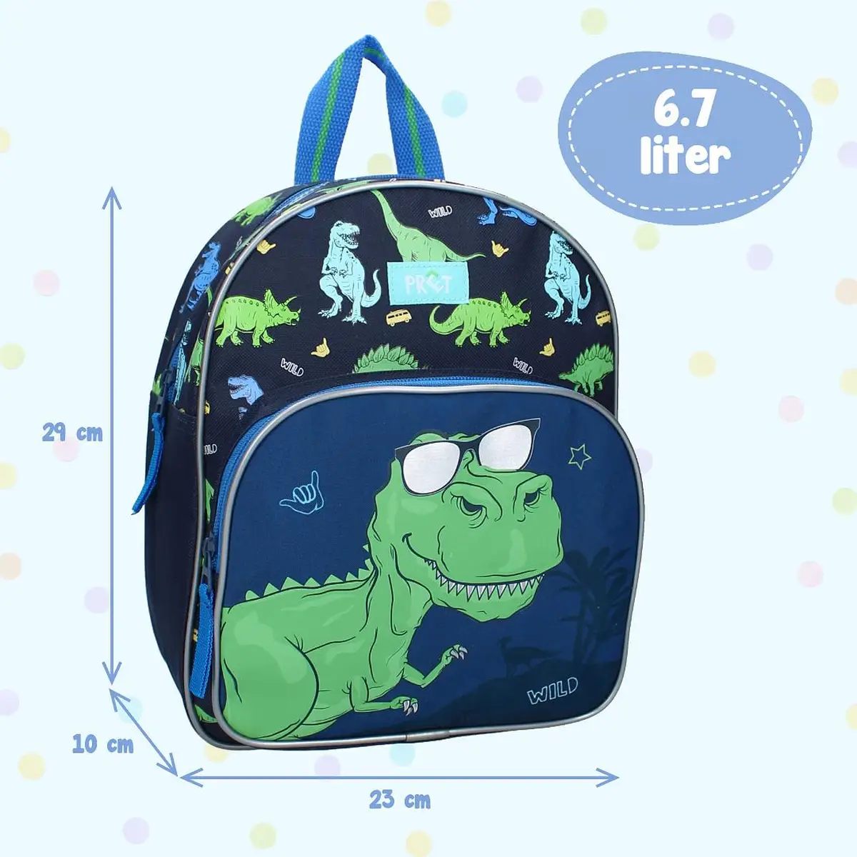 Niebieski plecak dziecięcy z zielonym dinozaurem w okularach przeciwsłonecznych i wzorem dinozaurów dla dziecka. Pret Plecak dla dzieci Happy Dino blue