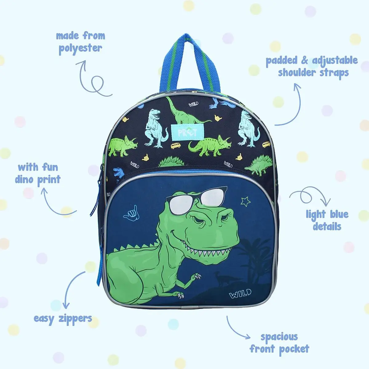 Niebieski plecak dziecięcy z nadrukiem dinozaurów i dużą przednią kieszenią dla dziecka. Pret Plecak dla dzieci Happy Dino blue