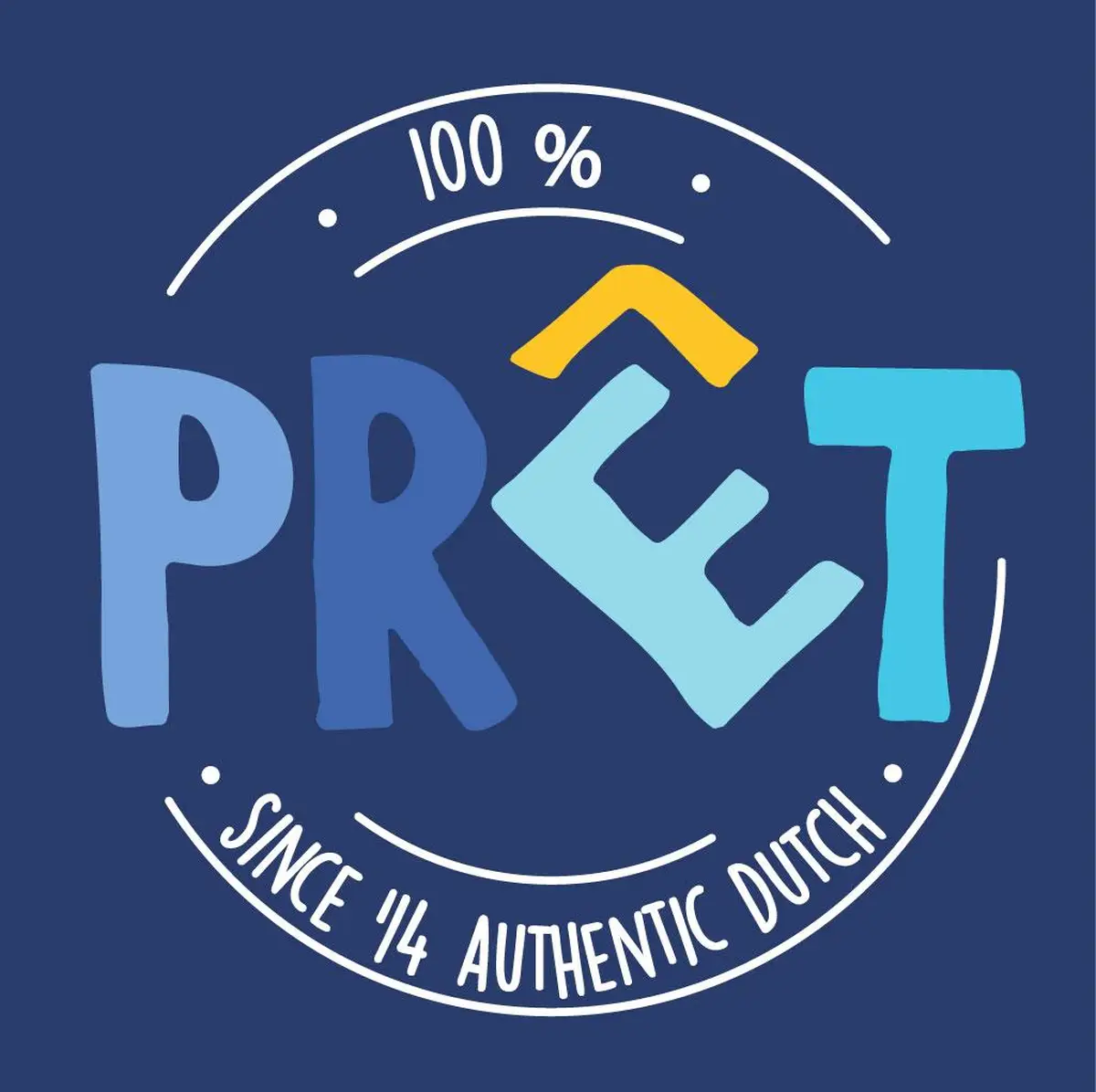 Logo Pret napis kolor niebieski na granatowym tle. Pret Plecak dla dzieci Happy Dino blue