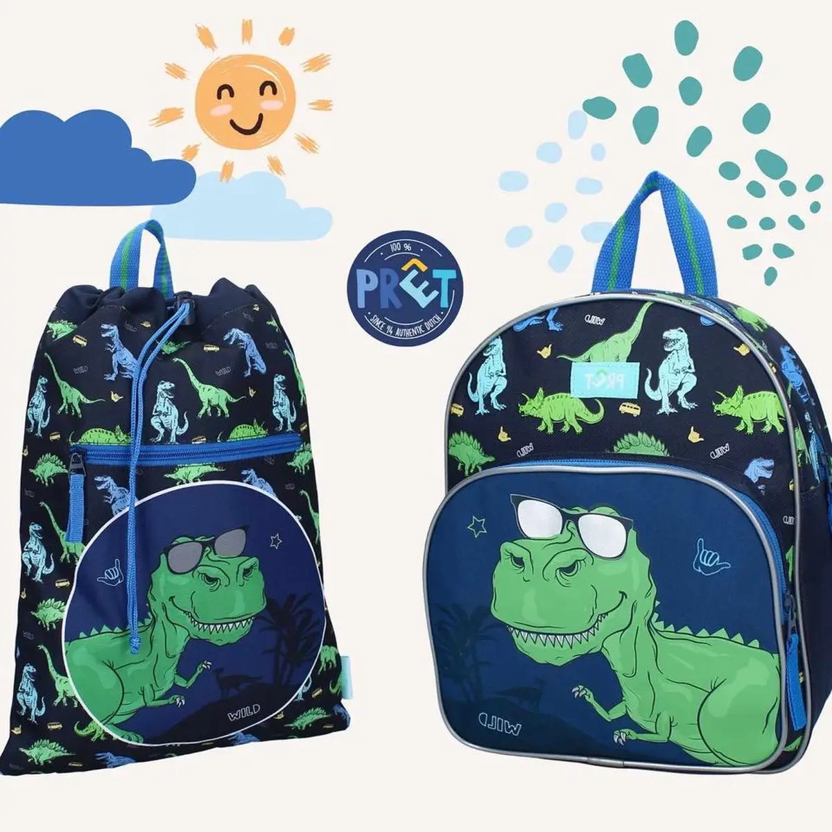 Niebieski plecak i worek dla dzieci z motywem zielonego dinozaura w okularach przeciwsłonecznych na granatowym tle z nadrukiem dinozaurów dla chłopca. Pret Plecak dla dzieci Happy Dino blue