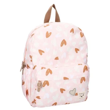 Plecak dziecięcy różowy w brązowe i białe serca z kieszenią z przodu dla dziecka. Kidzroom Plecak dla dzieci L Loving Days pink
