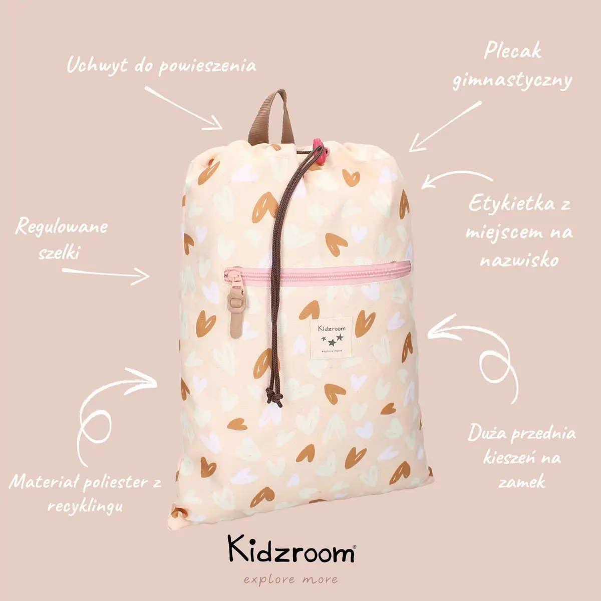 Worek plecak w jasnoróżowym kolorze w brązowe i białe serca z regulowanymi szelkami i przednią kieszenią na zamek dla dziecka. Kidzroom Worek plecak Loving Days Pink