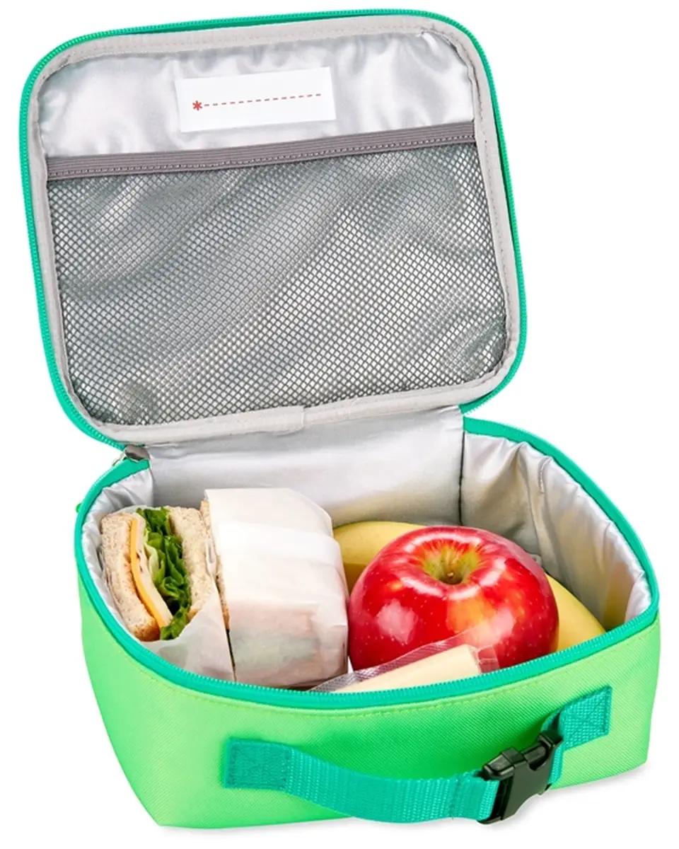 Zielona torba termiczna na lunch z uchwytem wnętrze z siateczkową kieszenią i jedzeniem dla dziecka. Skip Hop Torba Termiczna Lunch Bag Ośmiornica ZOO